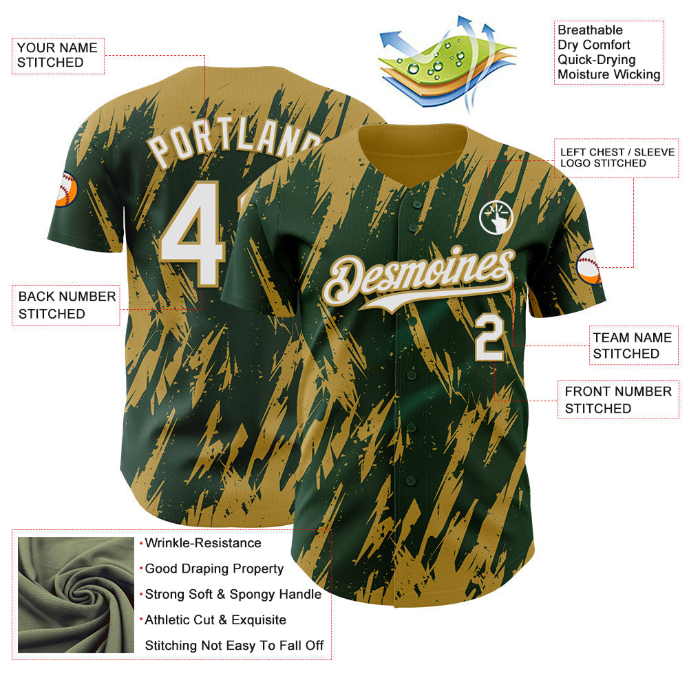 Custom Green White-Old Gold Splatter Torn Sharp Brush Stroke Authentic Baseball Jersey baseball jersey product view 3