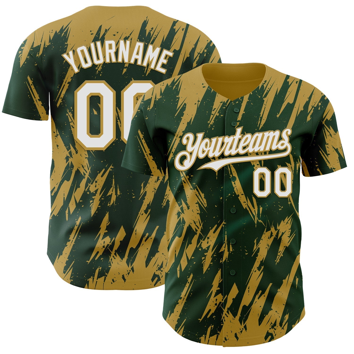Custom Green White-Old Gold Splatter Torn Sharp Brush Stroke Authentic Baseball Jersey baseball jersey product view 1