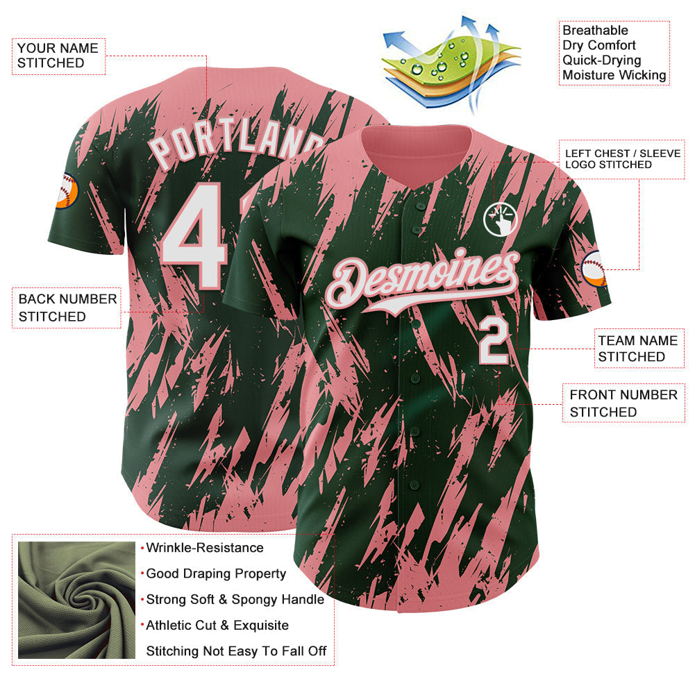 Custom Green White-Medium Pink Splatter Torn Sharp Brush Stroke Authentic Baseball Jersey baseball jersey product view 3