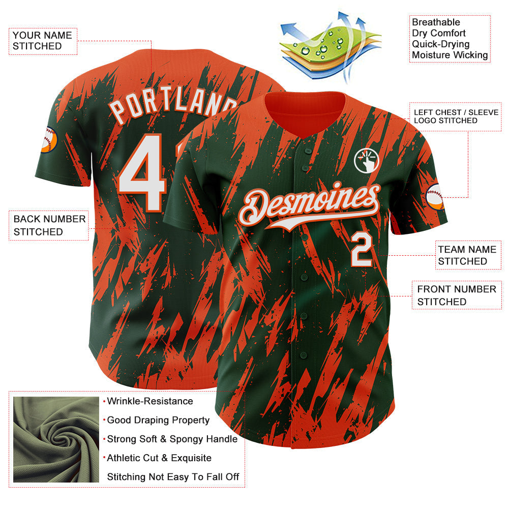 Custom Green White-Orange Splatter Torn Sharp Brush Stroke Authentic Baseball Jersey baseball jersey product view 3