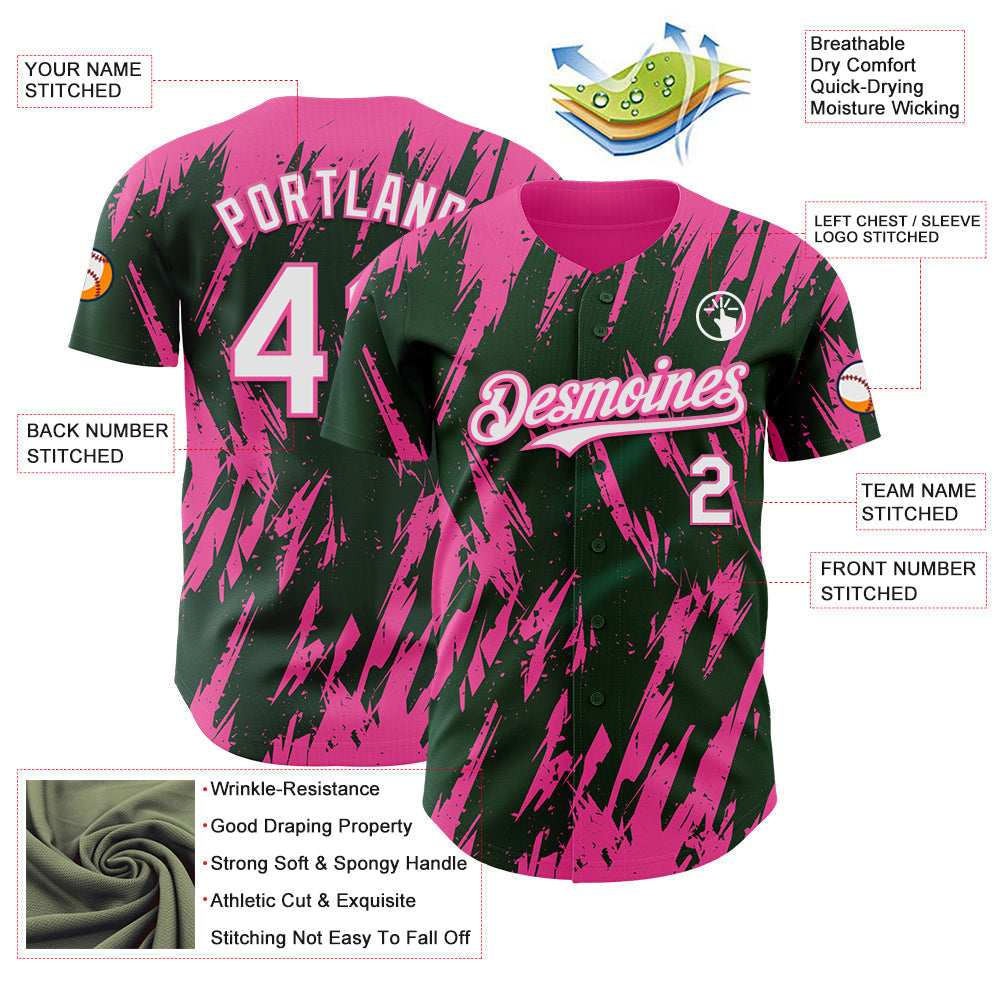 Custom Green White-Pink Splatter Torn Sharp Brush Stroke Authentic Baseball Jersey baseball jersey product view 3