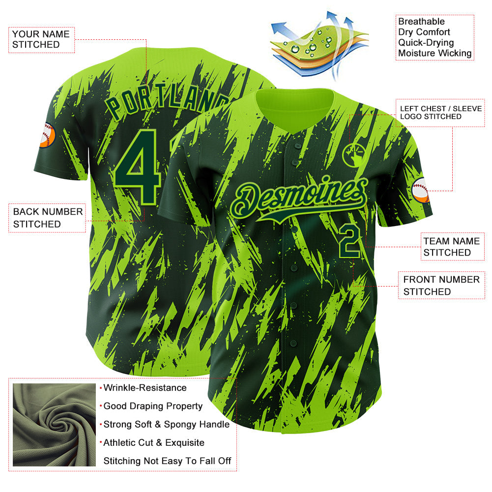 Custom Green Neon Green Splatter Torn Sharp Brush Stroke Authentic Baseball Jersey baseball jersey product view 3