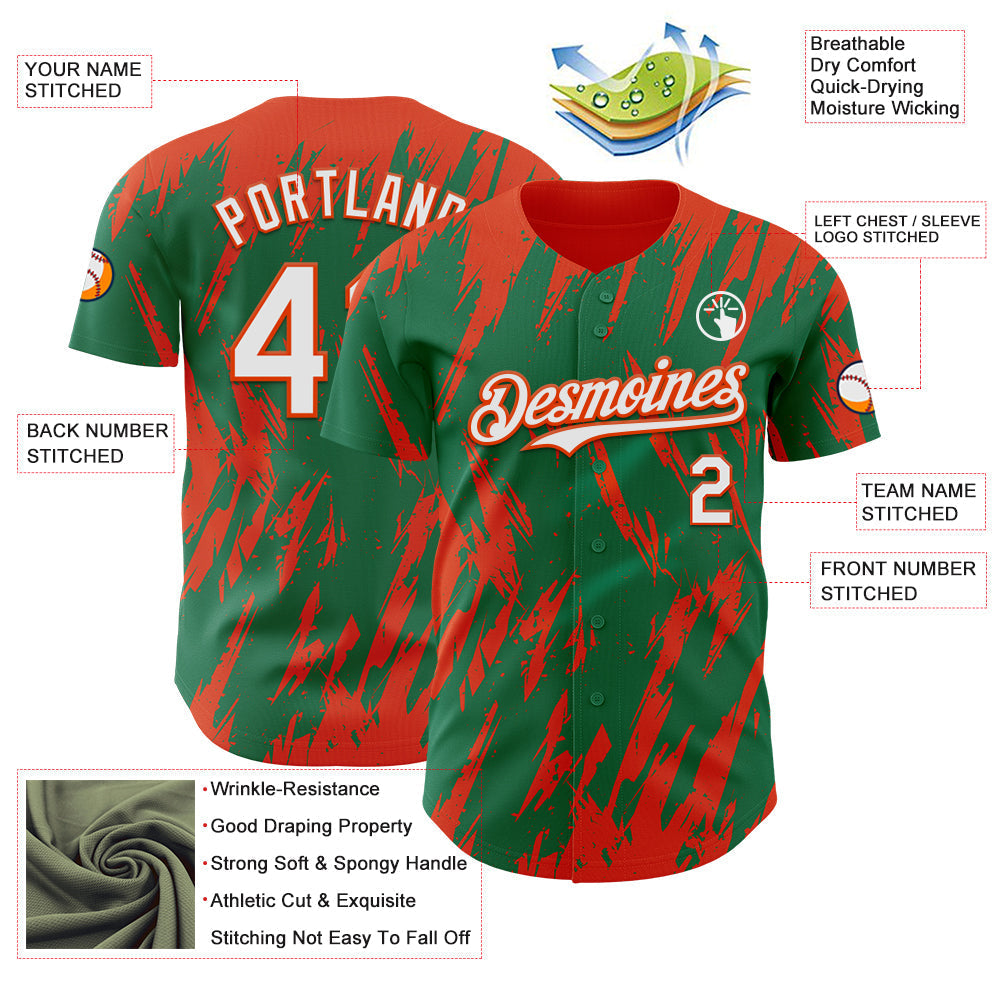 Custom Kelly Green White-Orange Splatter Torn Sharp Brush Stroke Authentic Baseball Jersey baseball jersey product view 3