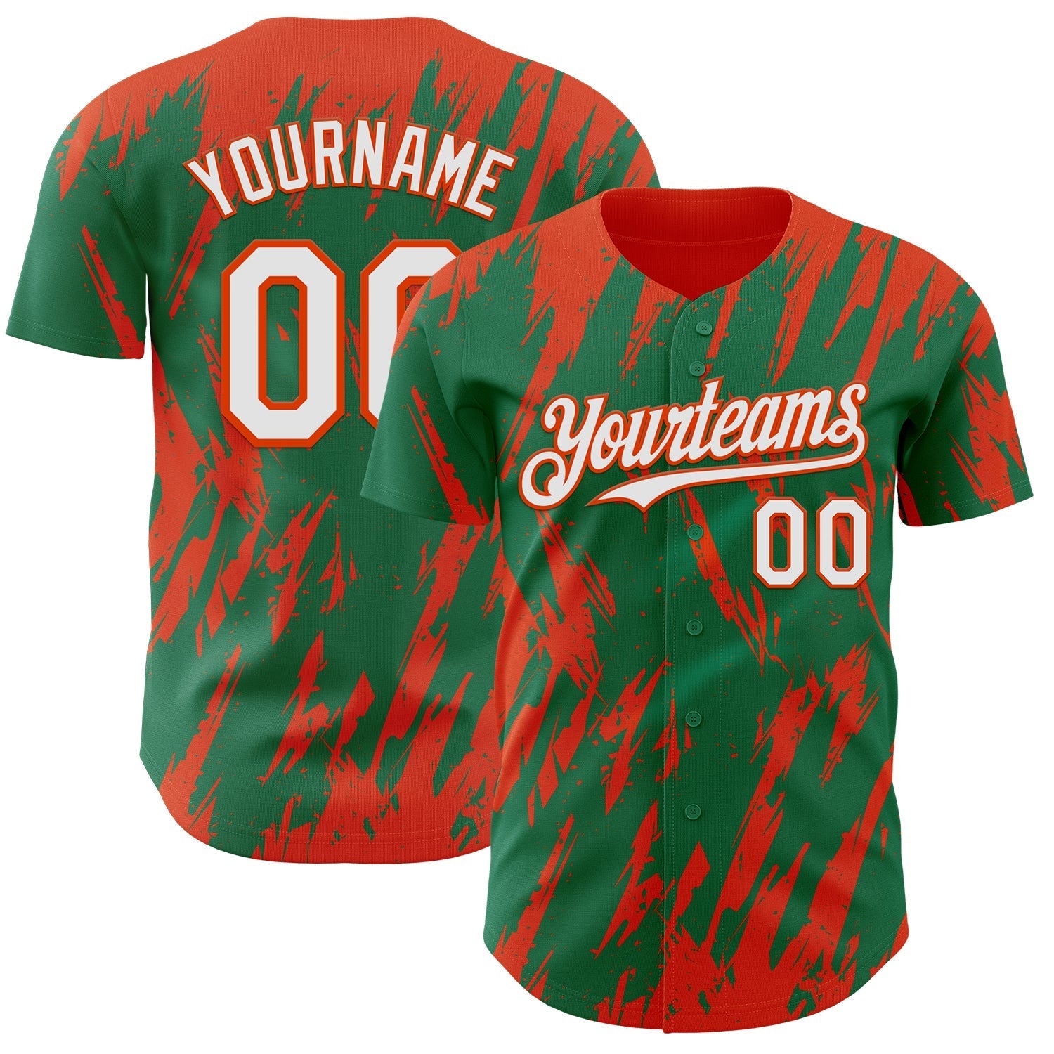 Custom Kelly Green White-Orange Splatter Torn Sharp Brush Stroke Authentic Baseball Jersey baseball jersey product view 1
