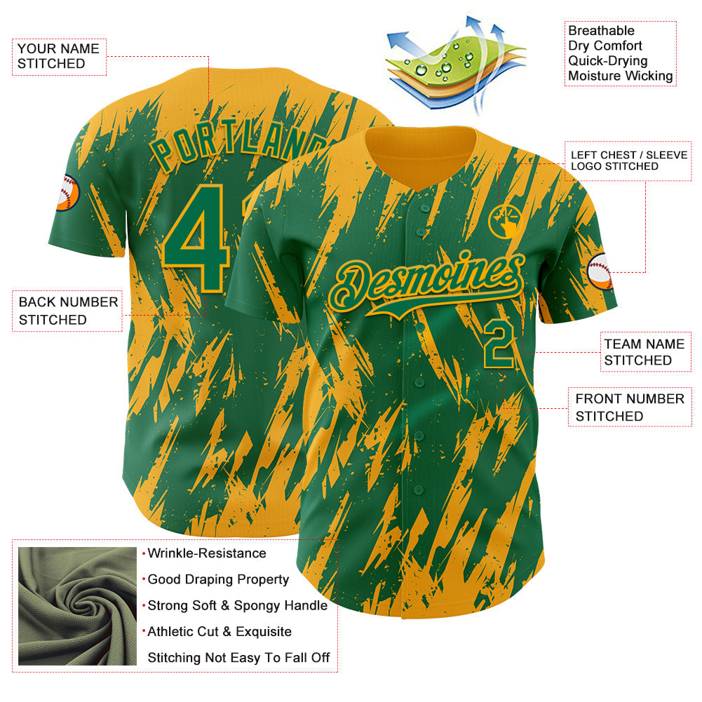 Custom Kelly Green Gold Splatter Torn Sharp Brush Stroke Authentic Baseball Jersey baseball jersey product view 3