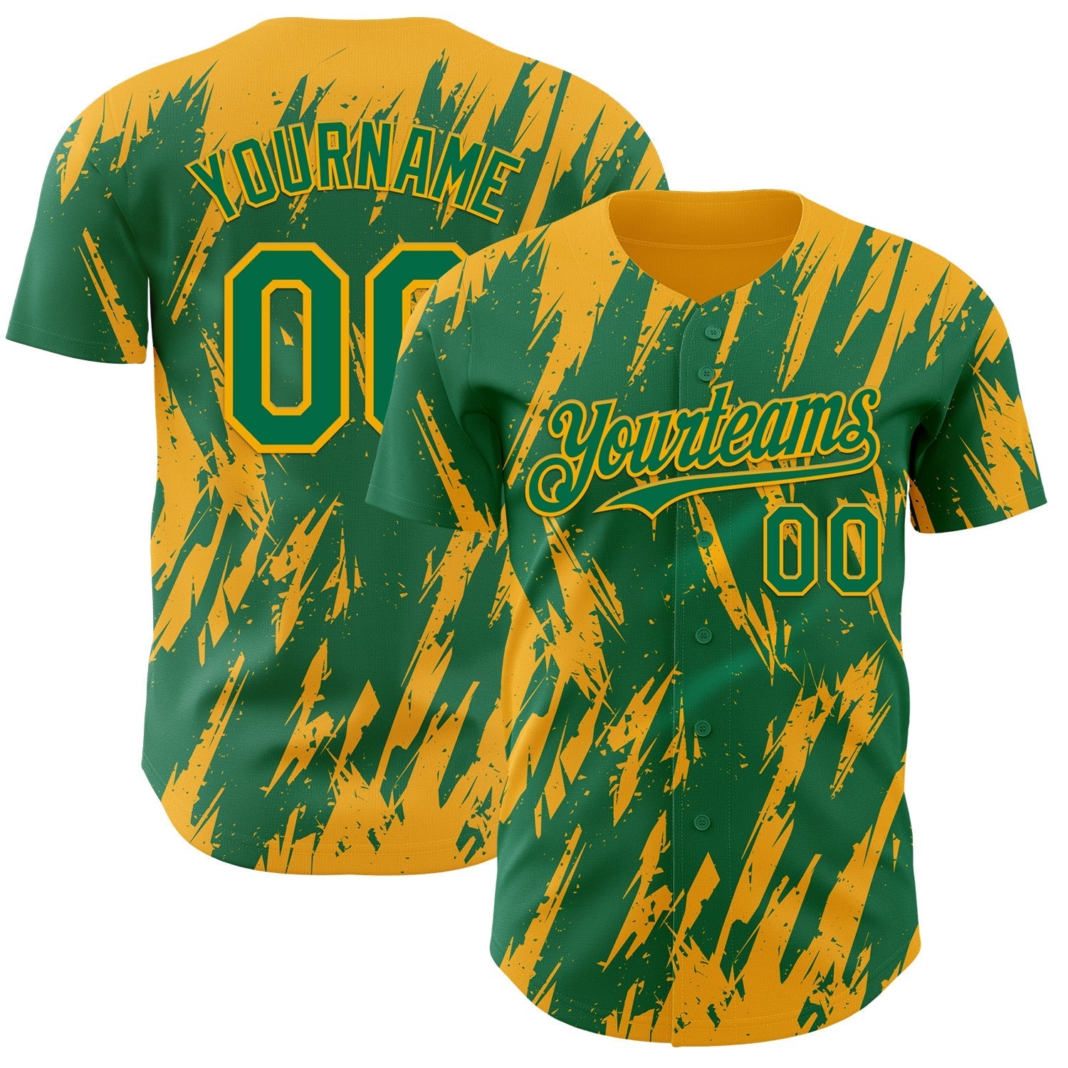 Custom Kelly Green Gold Splatter Torn Sharp Brush Stroke Authentic Baseball Jersey baseball jersey product view 1