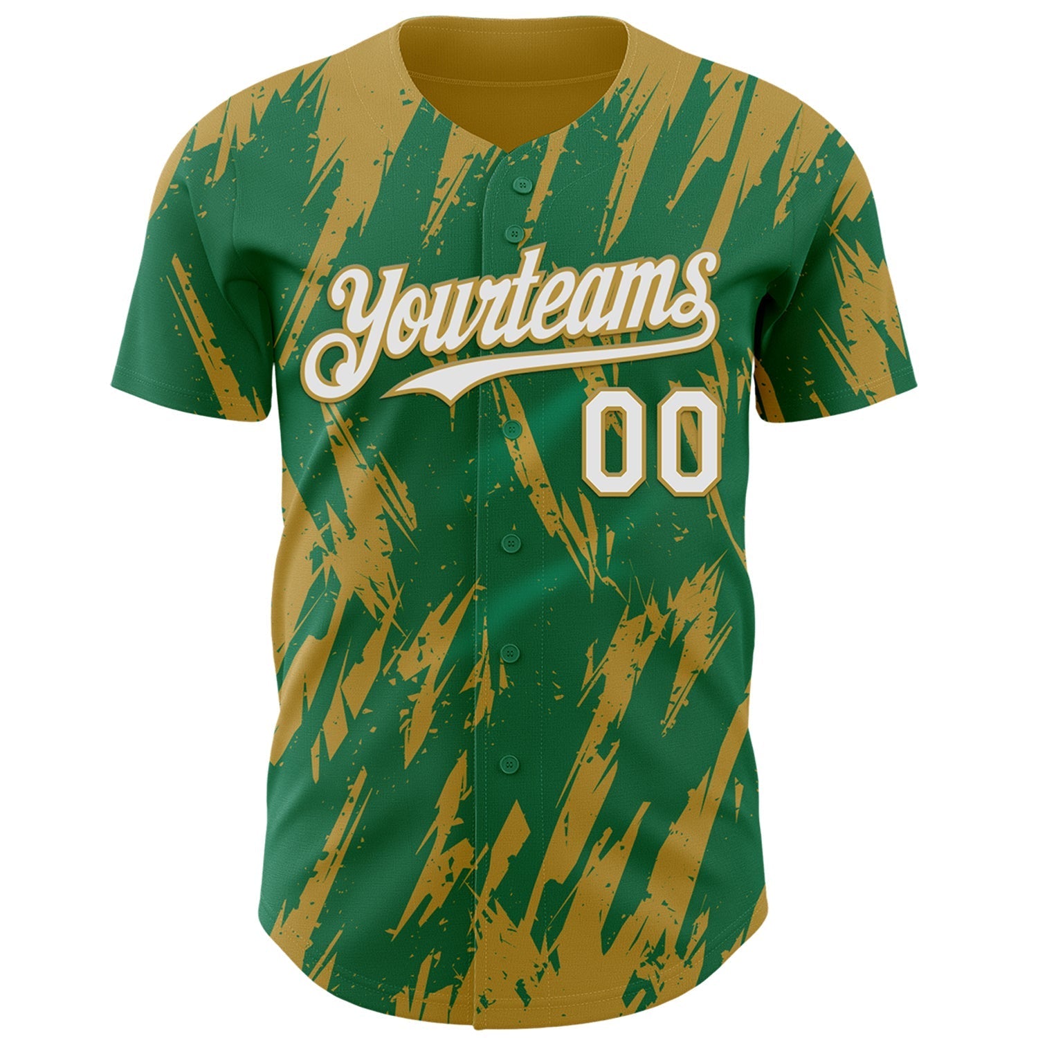 Custom Kelly Green White-Old Gold Splatter Torn Sharp Brush Stroke Authentic Baseball Jersey baseball jersey product view 2