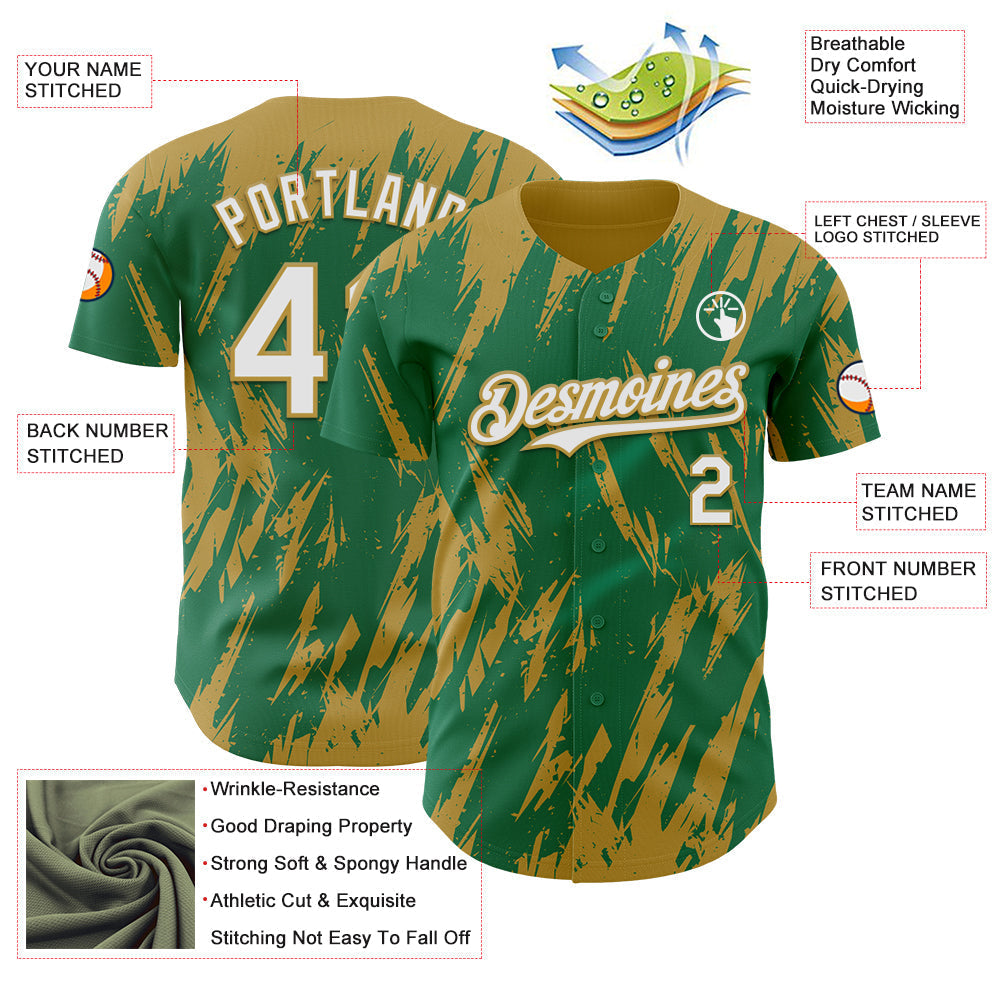 Custom Kelly Green White-Old Gold Splatter Torn Sharp Brush Stroke Authentic Baseball Jersey baseball jersey product view 3