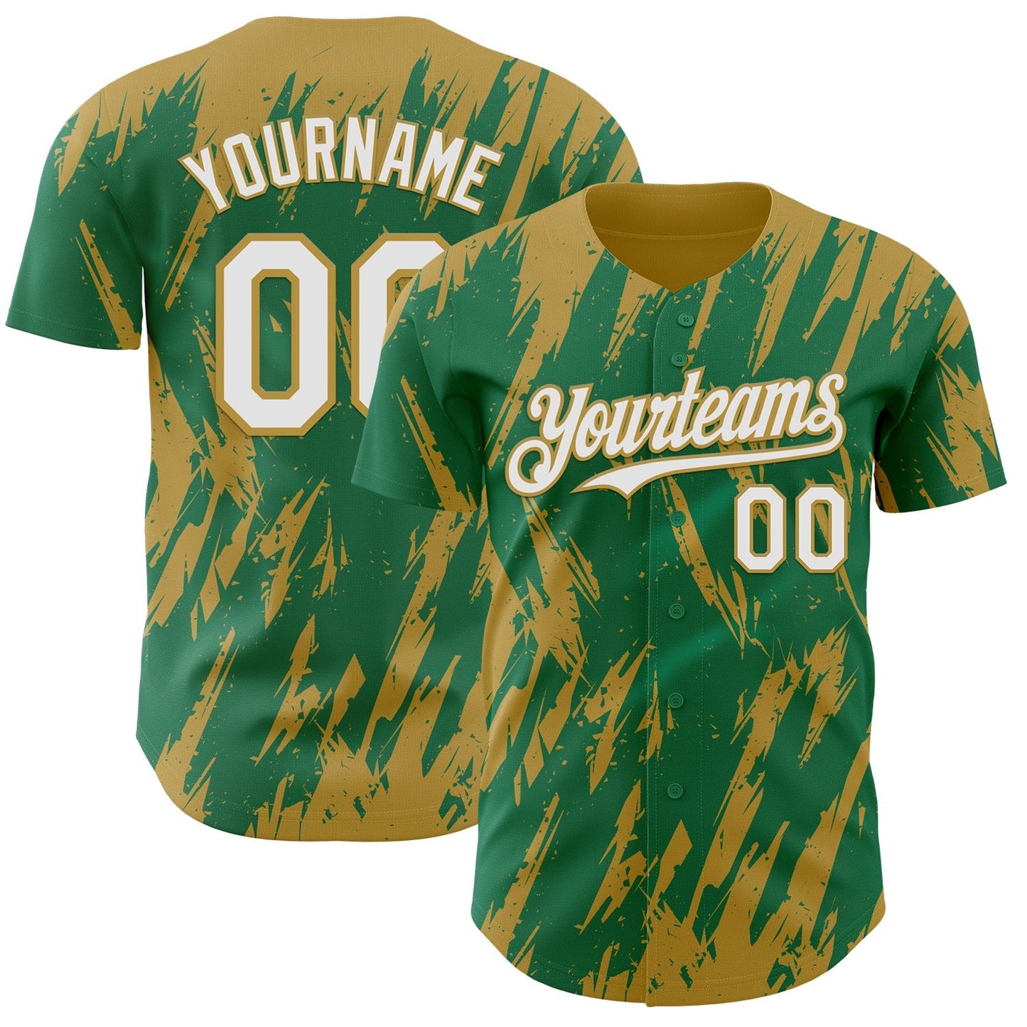 Custom Kelly Green White-Old Gold Splatter Torn Sharp Brush Stroke Authentic Baseball Jersey baseball jersey product view 1