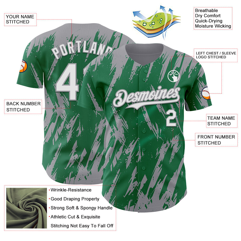 Custom Kelly Green White-Gray Splatter Torn Sharp Brush Stroke Authentic Baseball Jersey baseball jersey product view 3