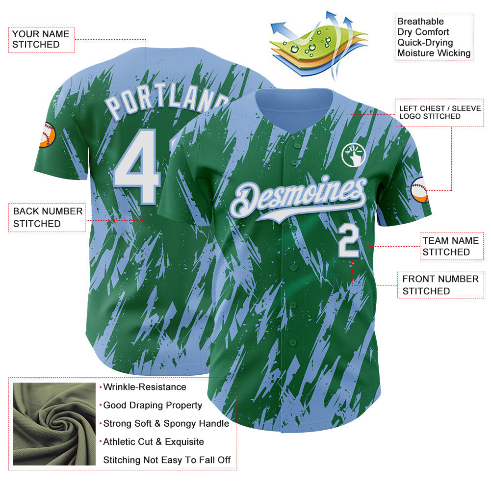 Custom Kelly Green White-Light Blue Splatter Torn Sharp Brush Stroke Authentic Baseball Jersey baseball jersey product view 3