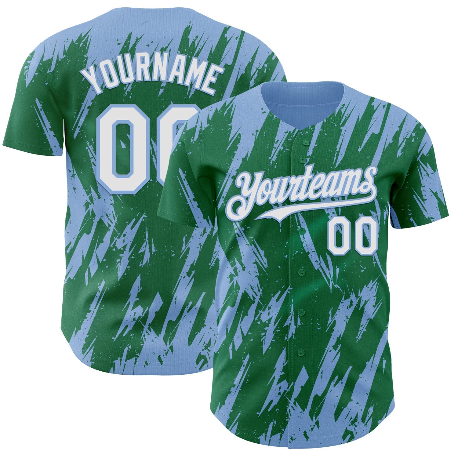 Custom Kelly Green White-Light Blue Splatter Torn Sharp Brush Stroke Authentic Baseball Jersey baseball jersey product view 1