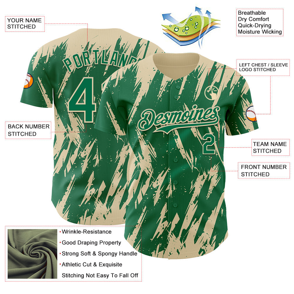 Custom Kelly Green Cream Splatter Torn Sharp Brush Stroke Authentic Baseball Jersey baseball jersey product view 3