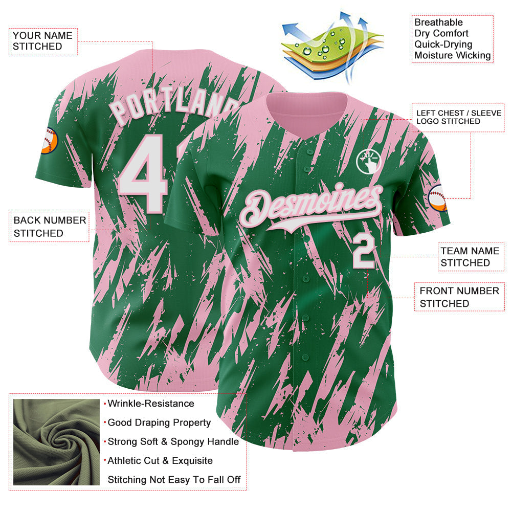 Custom Kelly Green White-Light Pink Splatter Torn Sharp Brush Stroke Authentic Baseball Jersey baseball jersey product view 3