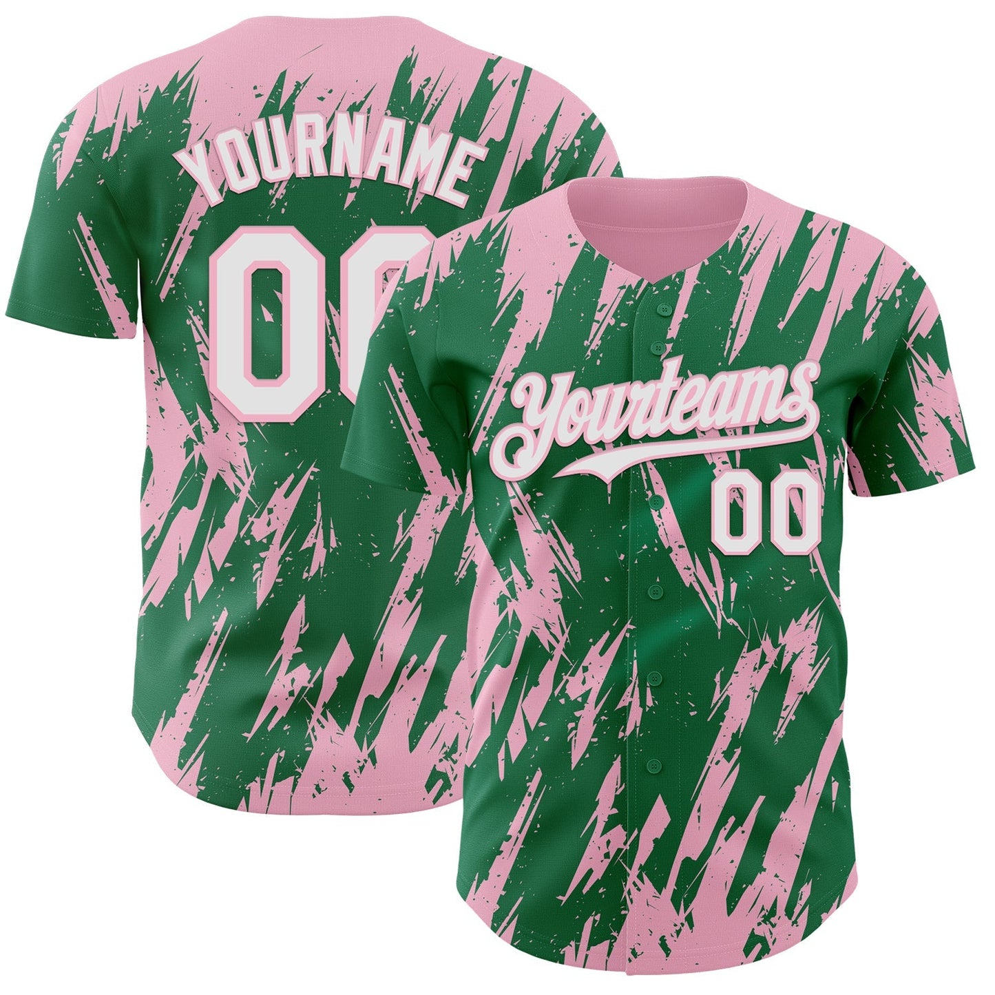 Custom Kelly Green White-Light Pink Splatter Torn Sharp Brush Stroke Authentic Baseball Jersey baseball jersey product view 1