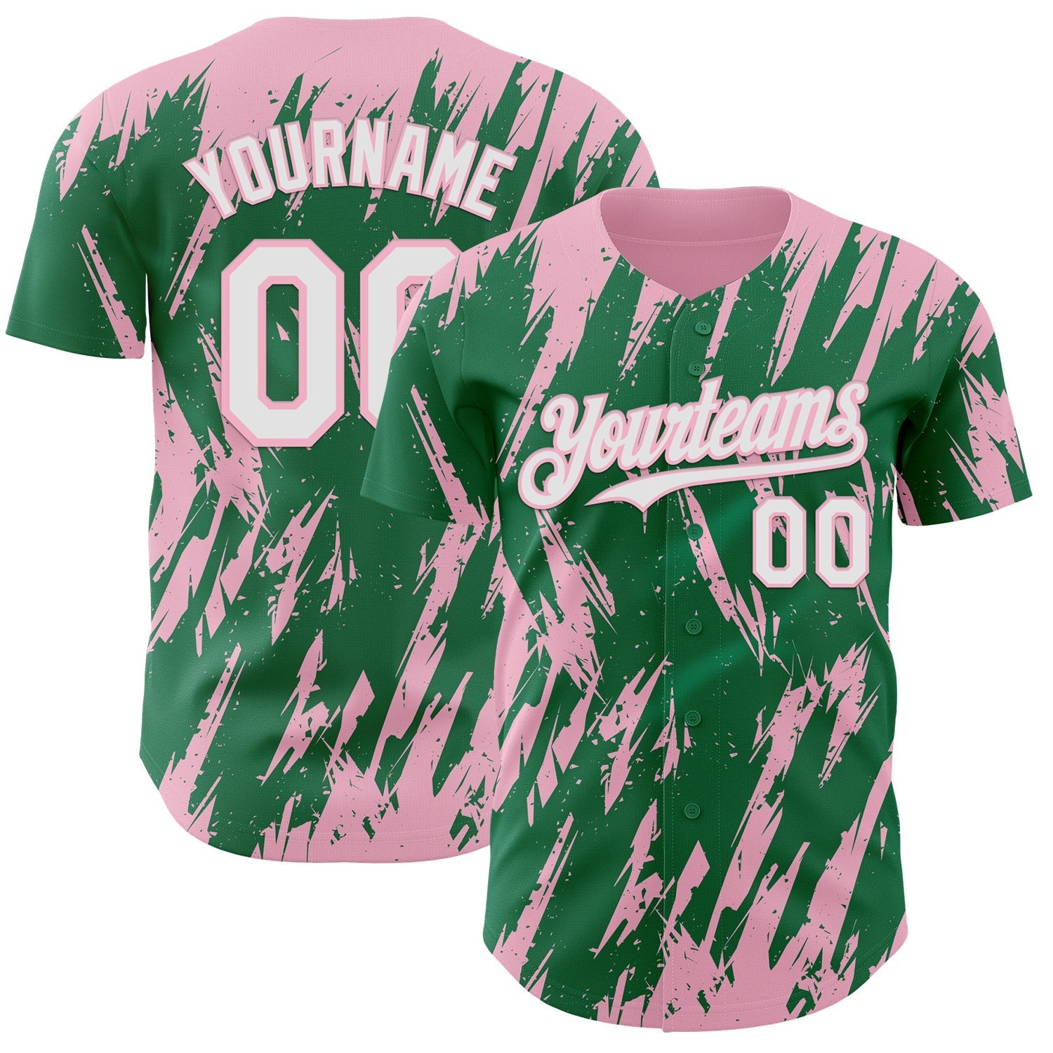 Custom Kelly Green White-Light Pink Splatter Torn Sharp Brush Stroke Authentic Baseball Jersey baseball jersey product view 1