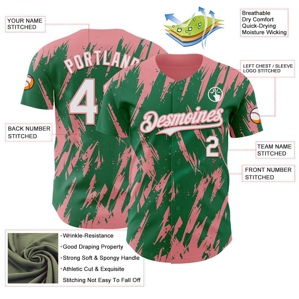 Custom Kelly Green White-Medium Pink Splatter Torn Sharp Brush Stroke Authentic Baseball Jersey baseball jersey product view 3