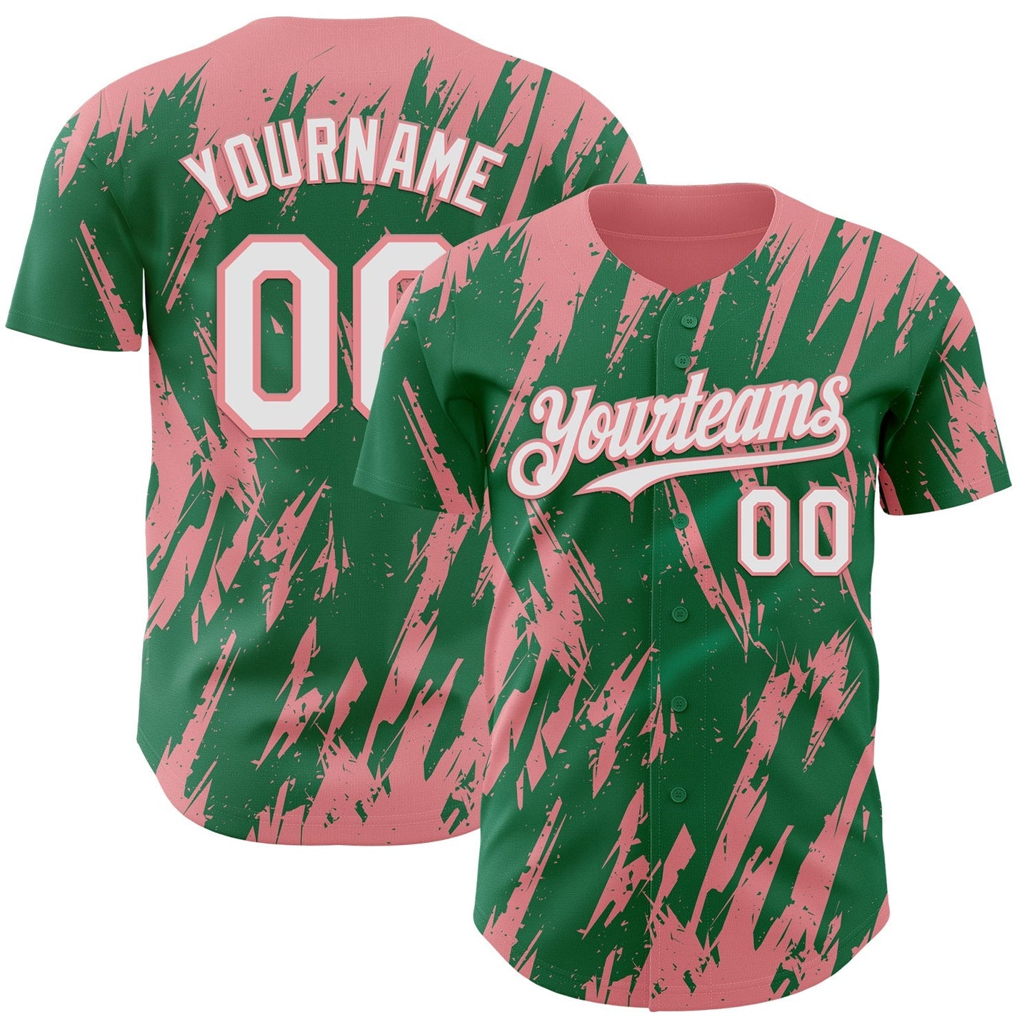 Custom Kelly Green White-Medium Pink Splatter Torn Sharp Brush Stroke Authentic Baseball Jersey baseball jersey product view 1