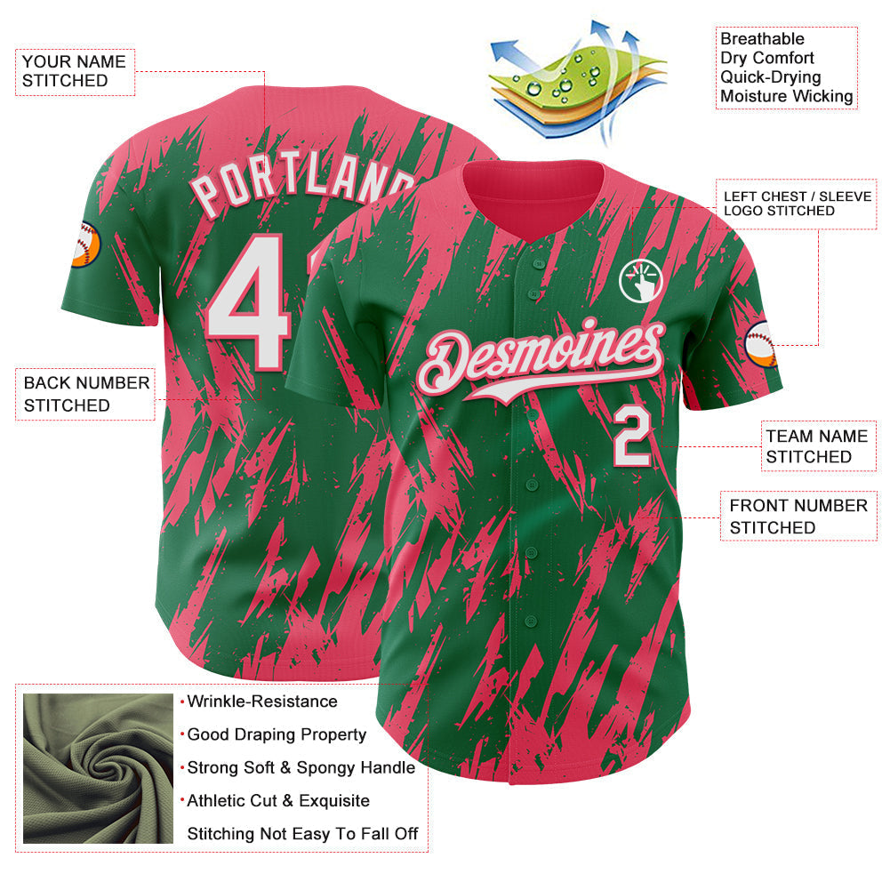 Custom Kelly Green White-Neon Pink Splatter Torn Sharp Brush Stroke Authentic Baseball Jersey baseball jersey product view 3
