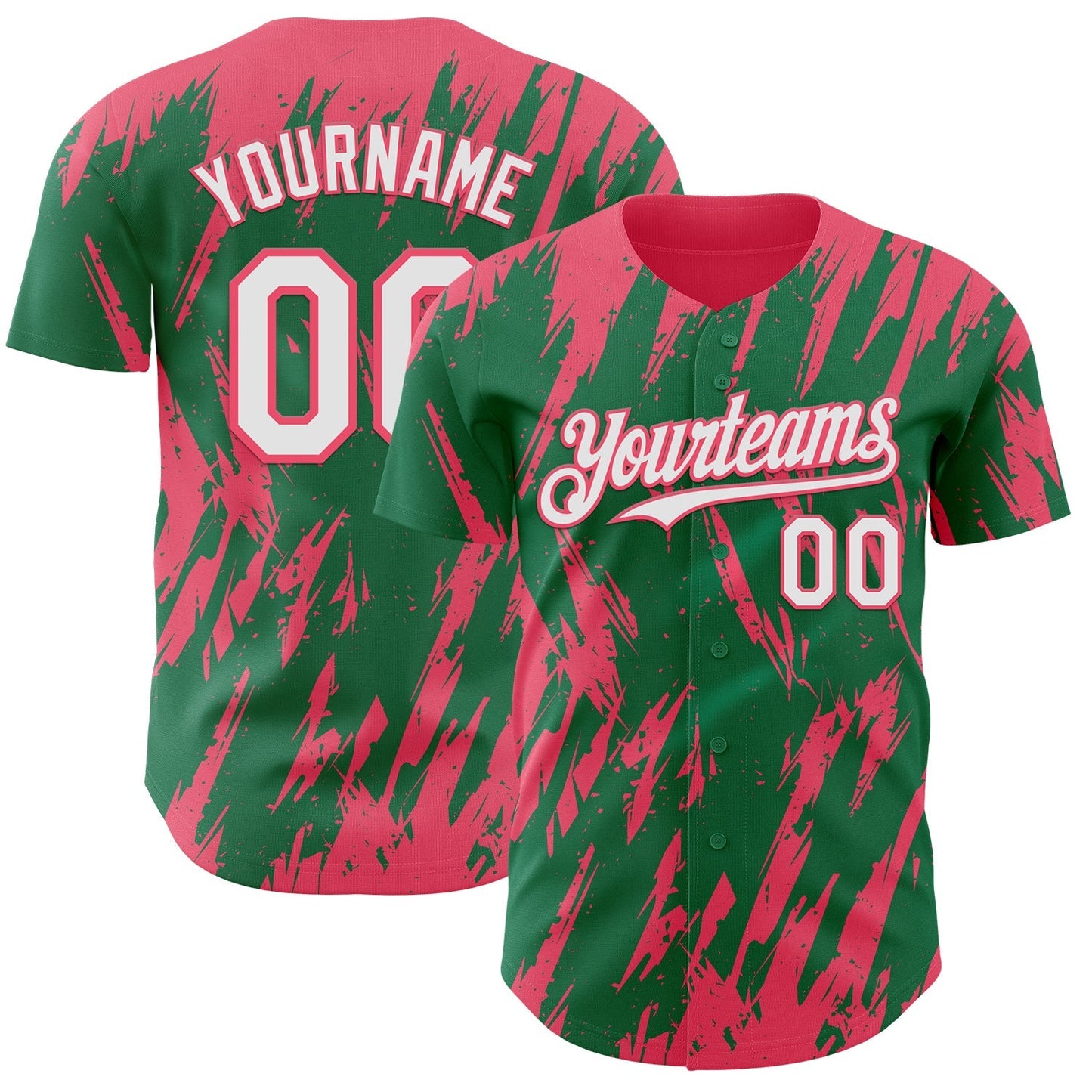 Custom Kelly Green White-Neon Pink Splatter Torn Sharp Brush Stroke Authentic Baseball Jersey baseball jersey product view 1