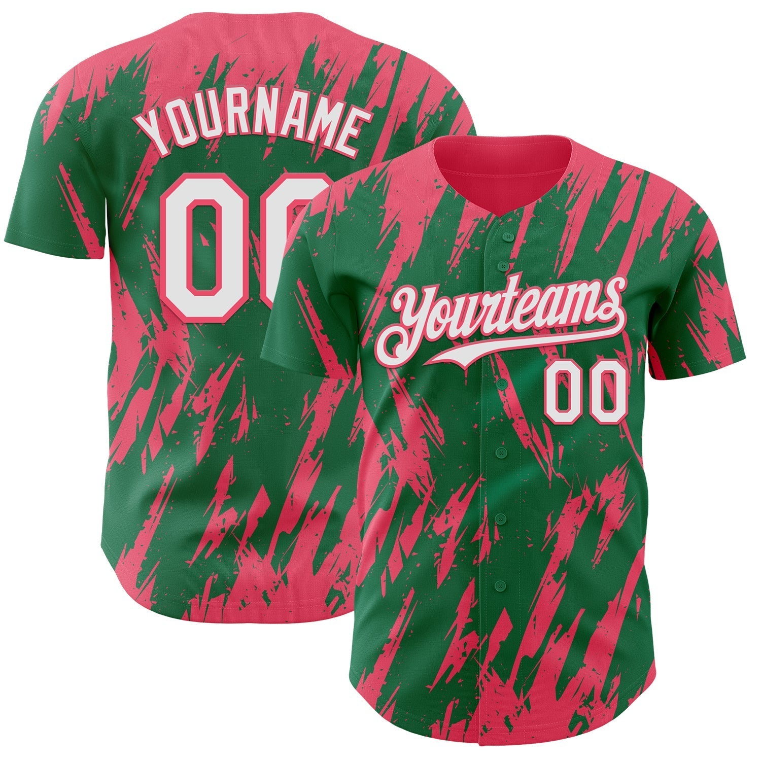Custom Kelly Green White-Neon Pink Splatter Torn Sharp Brush Stroke Authentic Baseball Jersey baseball jersey product view 1