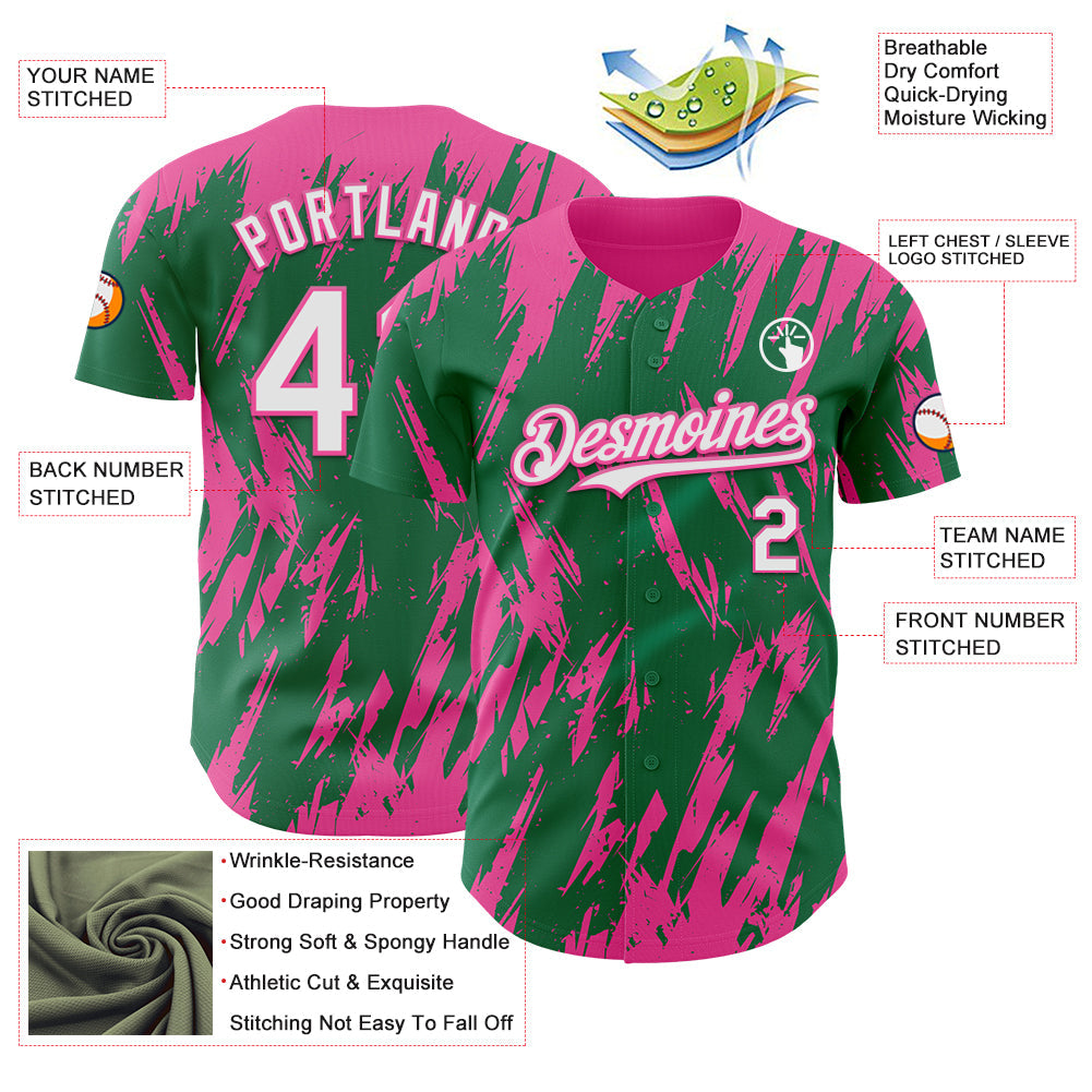 Custom Kelly Green White-Pink Splatter Torn Sharp Brush Stroke Authentic Baseball Jersey baseball jersey product view 3