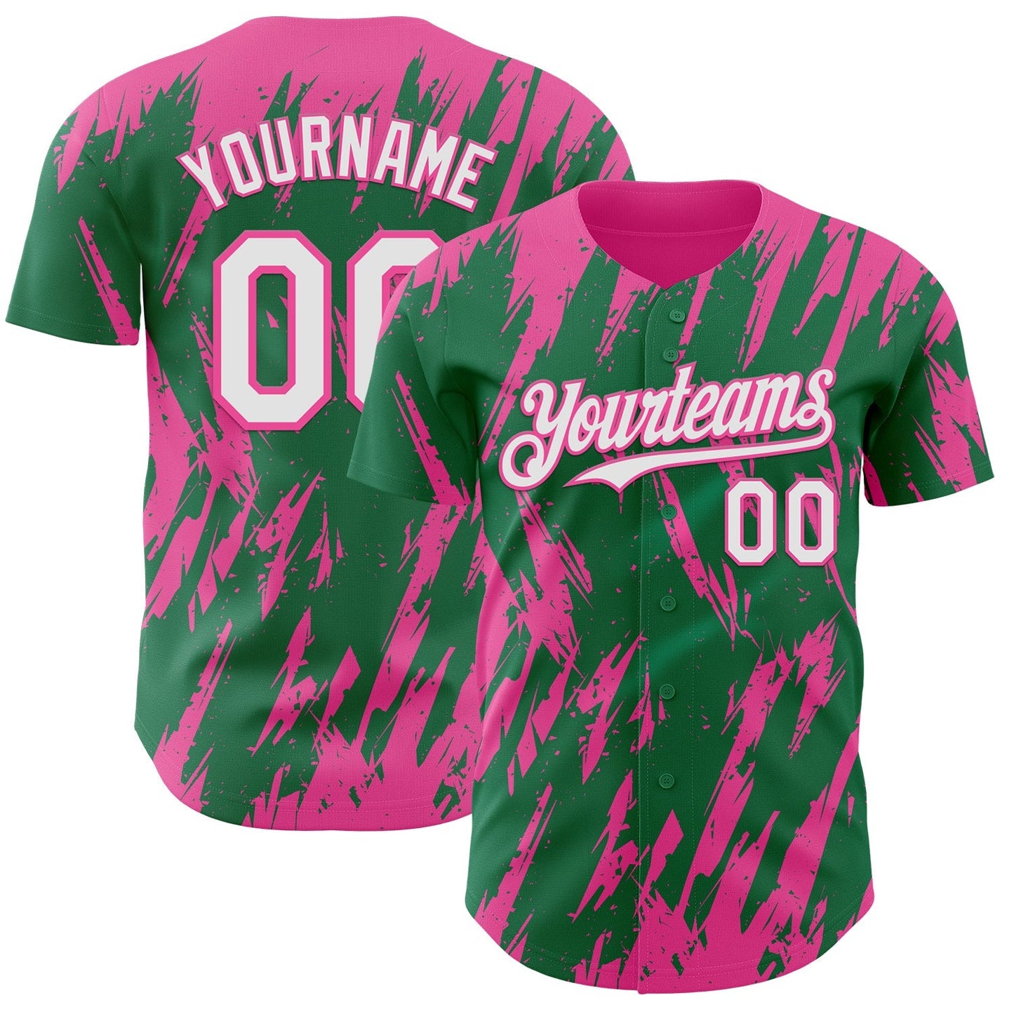 Custom Kelly Green White-Pink Splatter Torn Sharp Brush Stroke Authentic Baseball Jersey baseball jersey product view 1