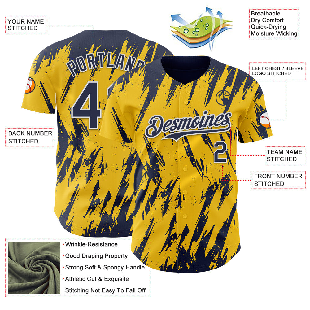 Custom Yellow Navy-White Splatter Torn Sharp Brush Stroke Authentic Baseball Jersey baseball jersey product view 3