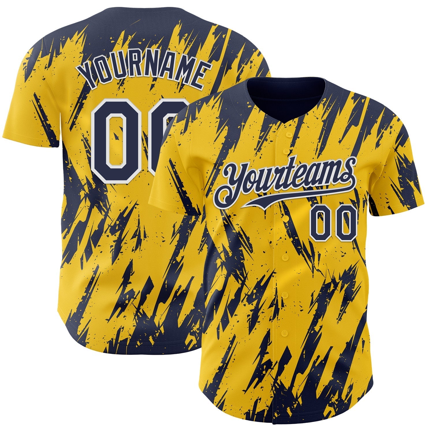 Custom Yellow Navy-White Splatter Torn Sharp Brush Stroke Authentic Baseball Jersey baseball jersey product view 1
