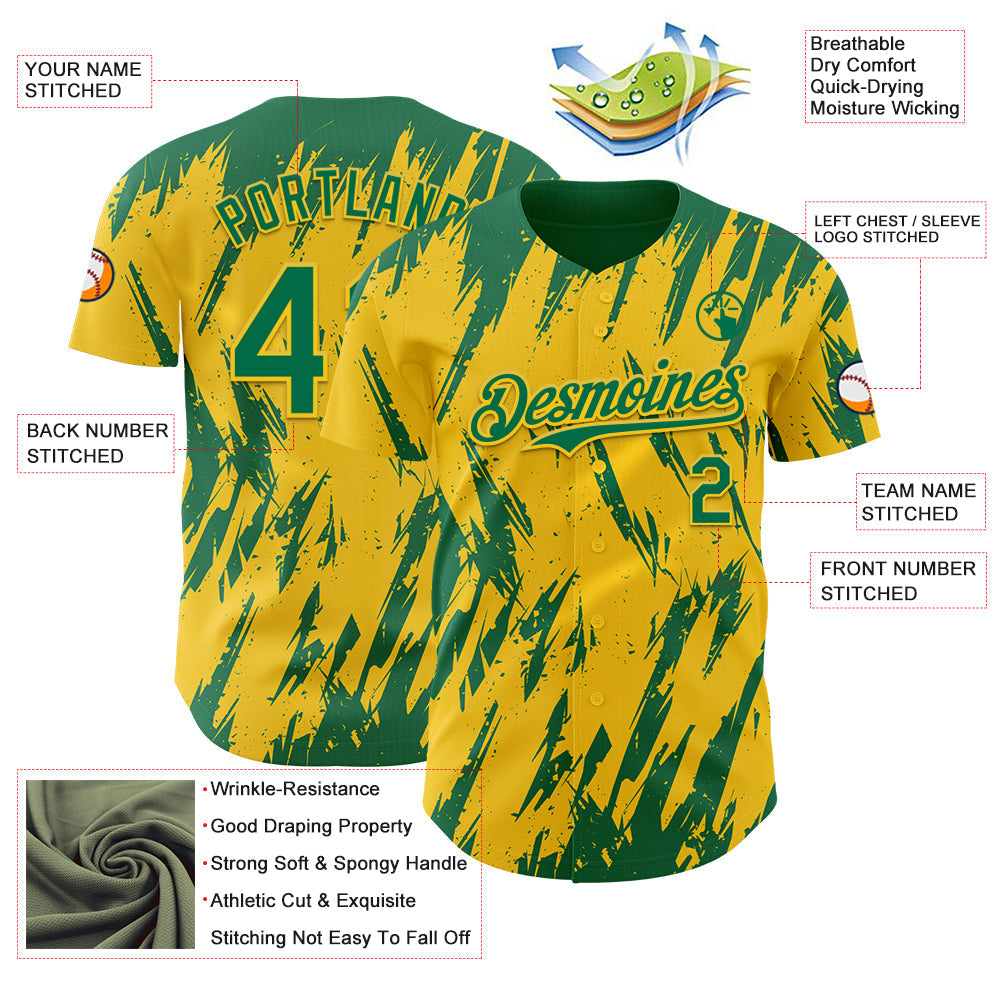Custom Yellow Kelly Green-White Splatter Torn Sharp Brush Stroke Authentic Baseball Jersey baseball jersey product view 3