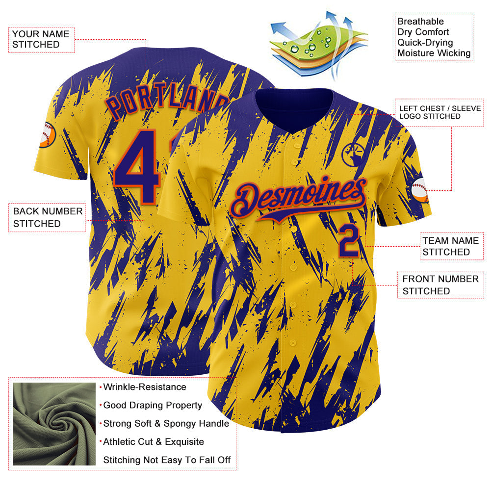 Custom Yellow Dark Purple-Orange Splatter Torn Sharp Brush Stroke Authentic Baseball Jersey baseball jersey product view 3