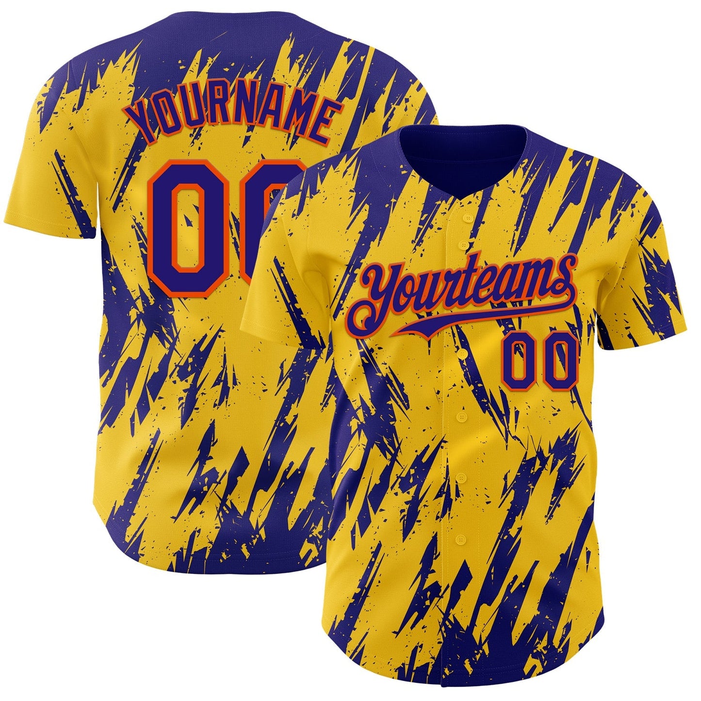 Custom Yellow Dark Purple-Orange Splatter Torn Sharp Brush Stroke Authentic Baseball Jersey baseball jersey product view 1