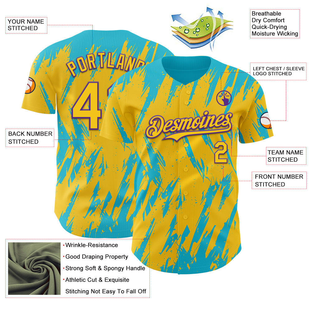 Custom Yellow Purple-Lakes Blue Splatter Torn Sharp Brush Stroke Authentic Baseball Jersey baseball jersey product view 3