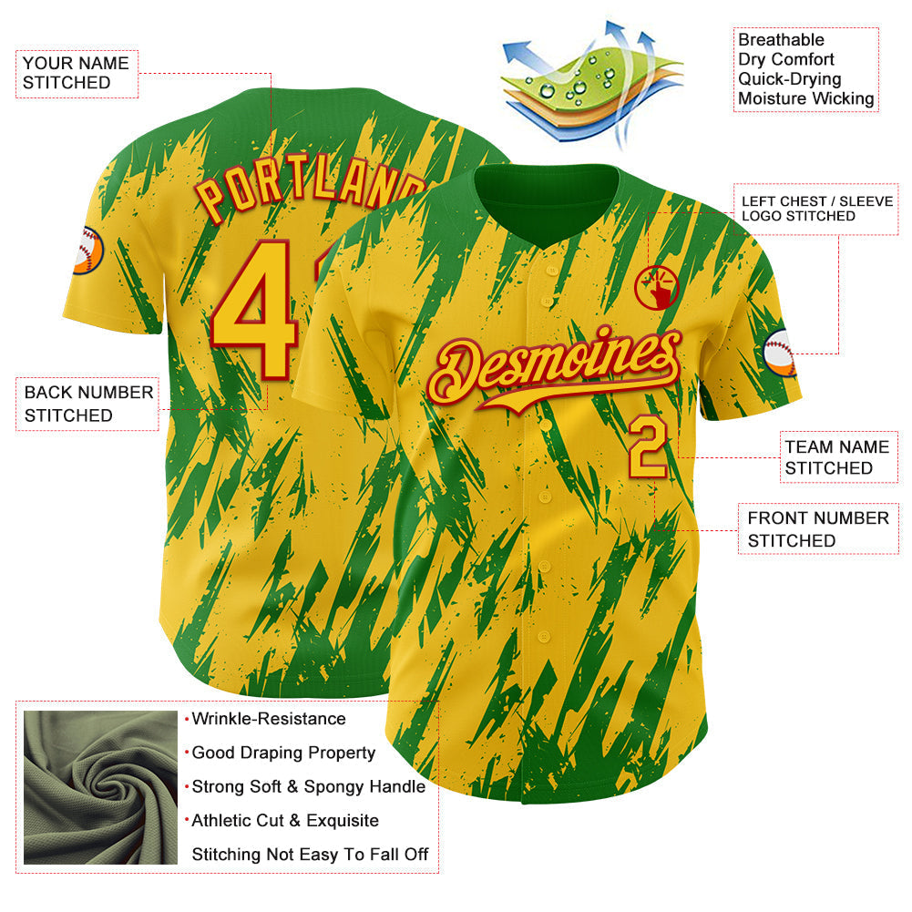 Custom Yellow Red-Grass Green Splatter Torn Sharp Brush Stroke Authentic Baseball Jersey baseball jersey product view 3