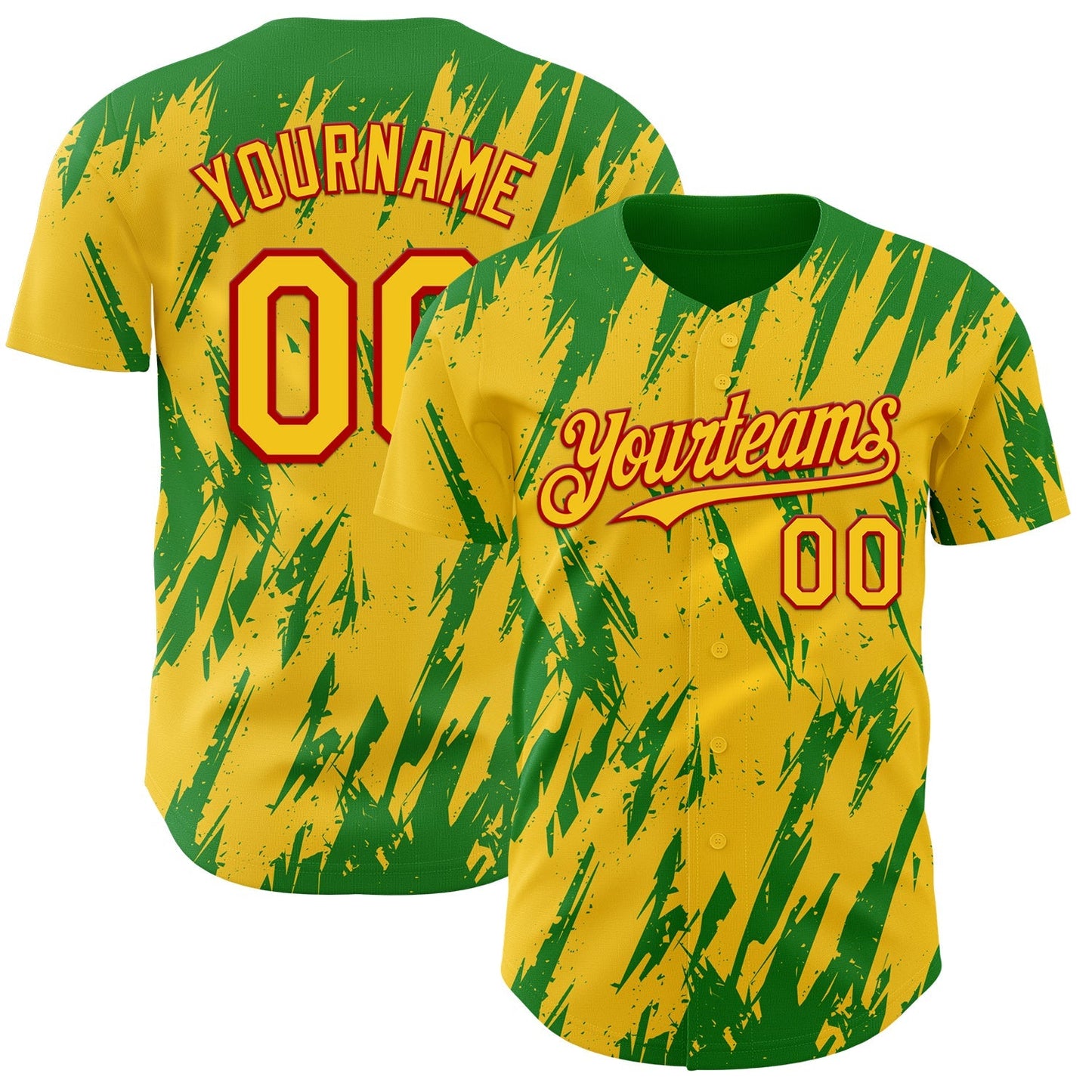 Custom Yellow Red-Grass Green Splatter Torn Sharp Brush Stroke Authentic Baseball Jersey baseball jersey product view 1
