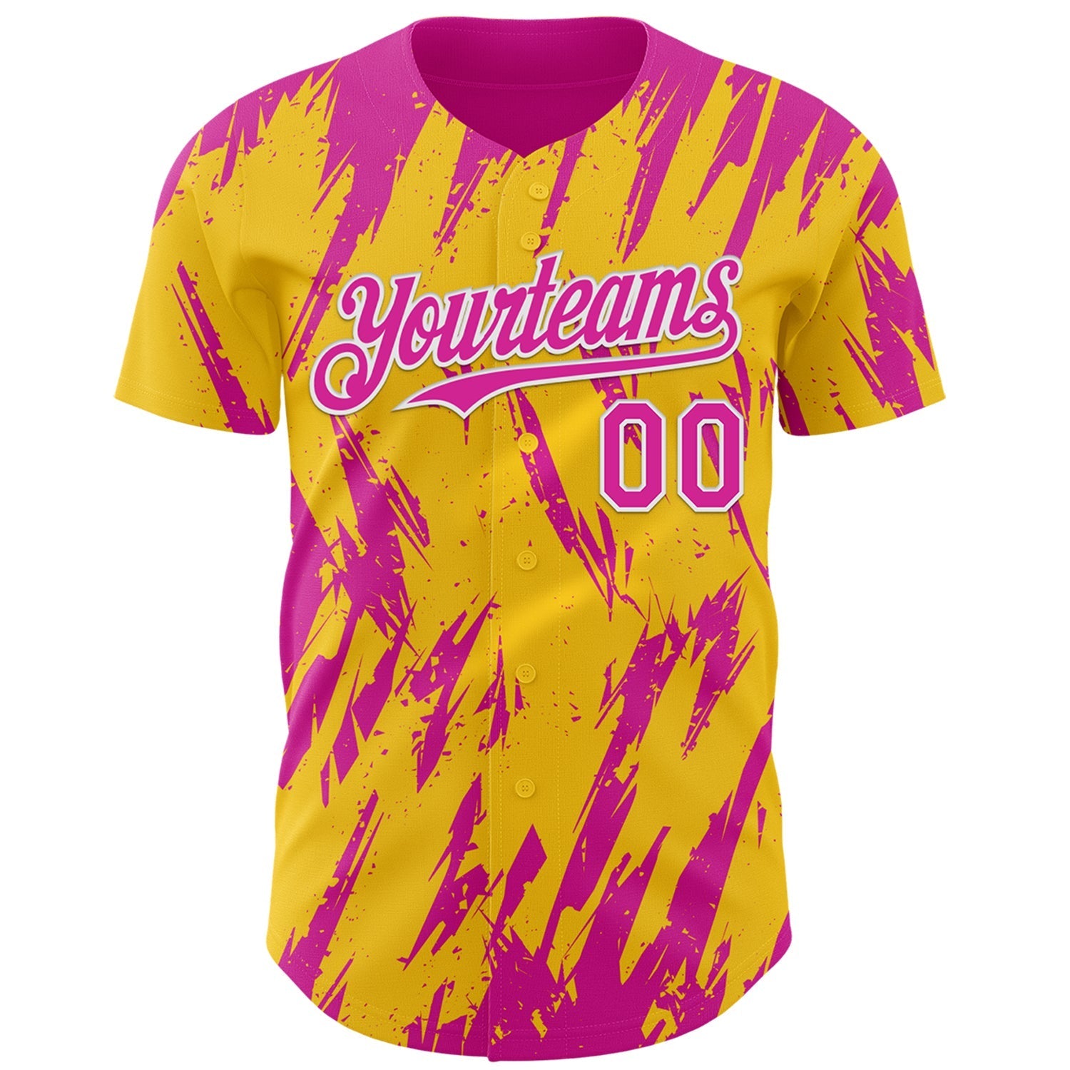Custom Yellow Deep Pink-White Splatter Torn Sharp Brush Stroke Authentic Baseball Jersey baseball jersey product view 2