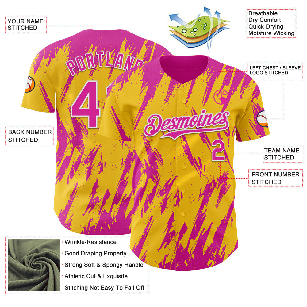 Custom Yellow Deep Pink-White Splatter Torn Sharp Brush Stroke Authentic Baseball Jersey baseball jersey product view 3