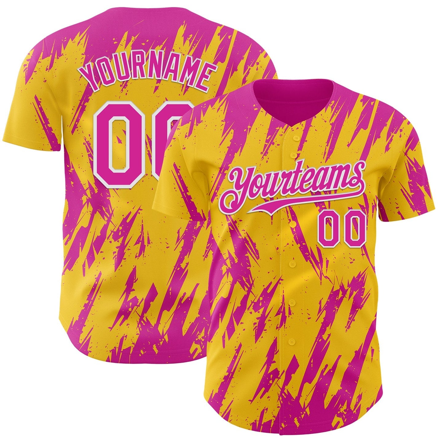 Custom Yellow Deep Pink-White Splatter Torn Sharp Brush Stroke Authentic Baseball Jersey baseball jersey product view 1