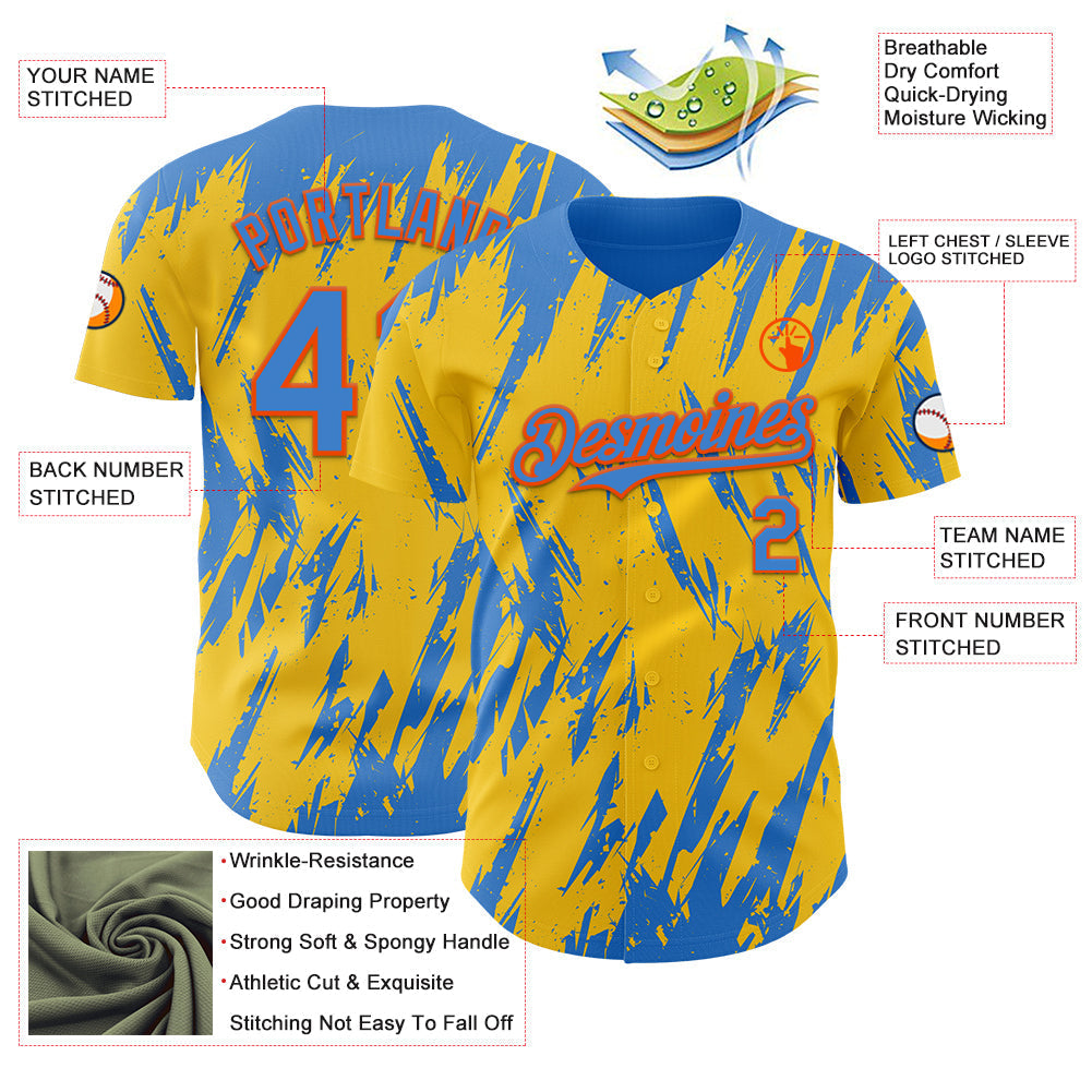 Custom Yellow Powder Blue-Orange Splatter Torn Sharp Brush Stroke Authentic Baseball Jersey baseball jersey product view 3