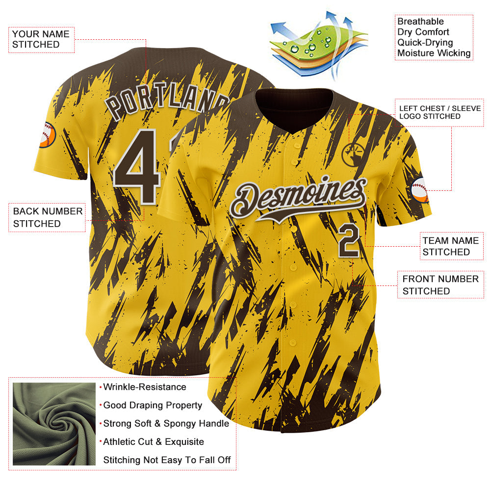 Custom Yellow Brown-White Splatter Torn Sharp Brush Stroke Authentic Baseball Jersey baseball jersey product view 3