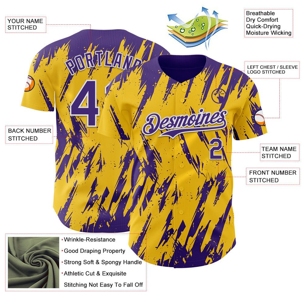 Custom Yellow Purple-White Splatter Torn Sharp Brush Stroke Authentic Baseball Jersey baseball jersey product view 3