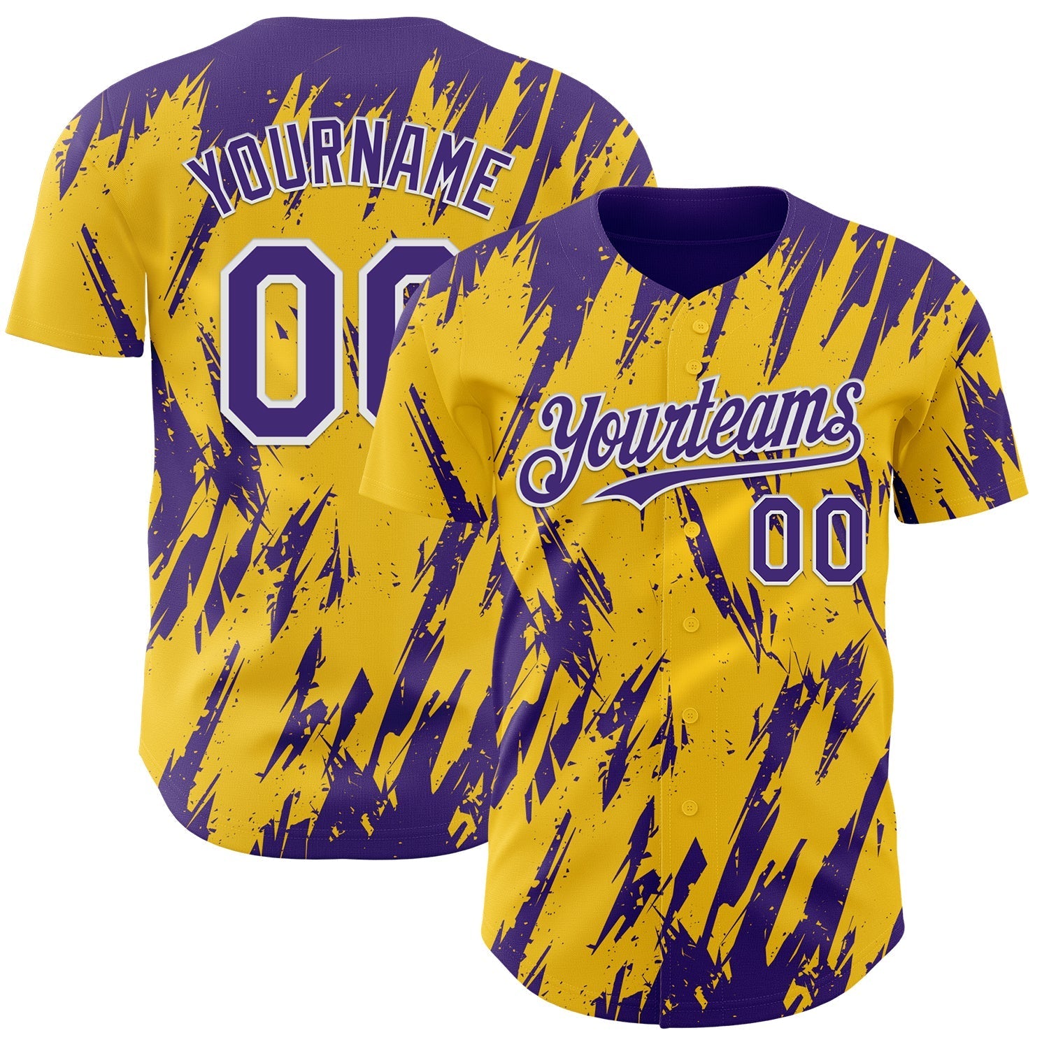 Custom Yellow Purple-White Splatter Torn Sharp Brush Stroke Authentic Baseball Jersey baseball jersey product view 1