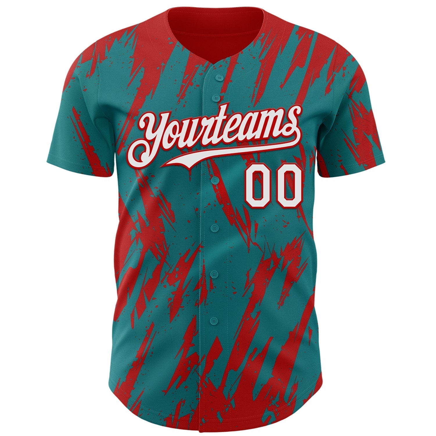 Custom Teal White-Red Splatter Torn Sharp Brush Stroke Authentic Baseball Jersey baseball jersey product view 2