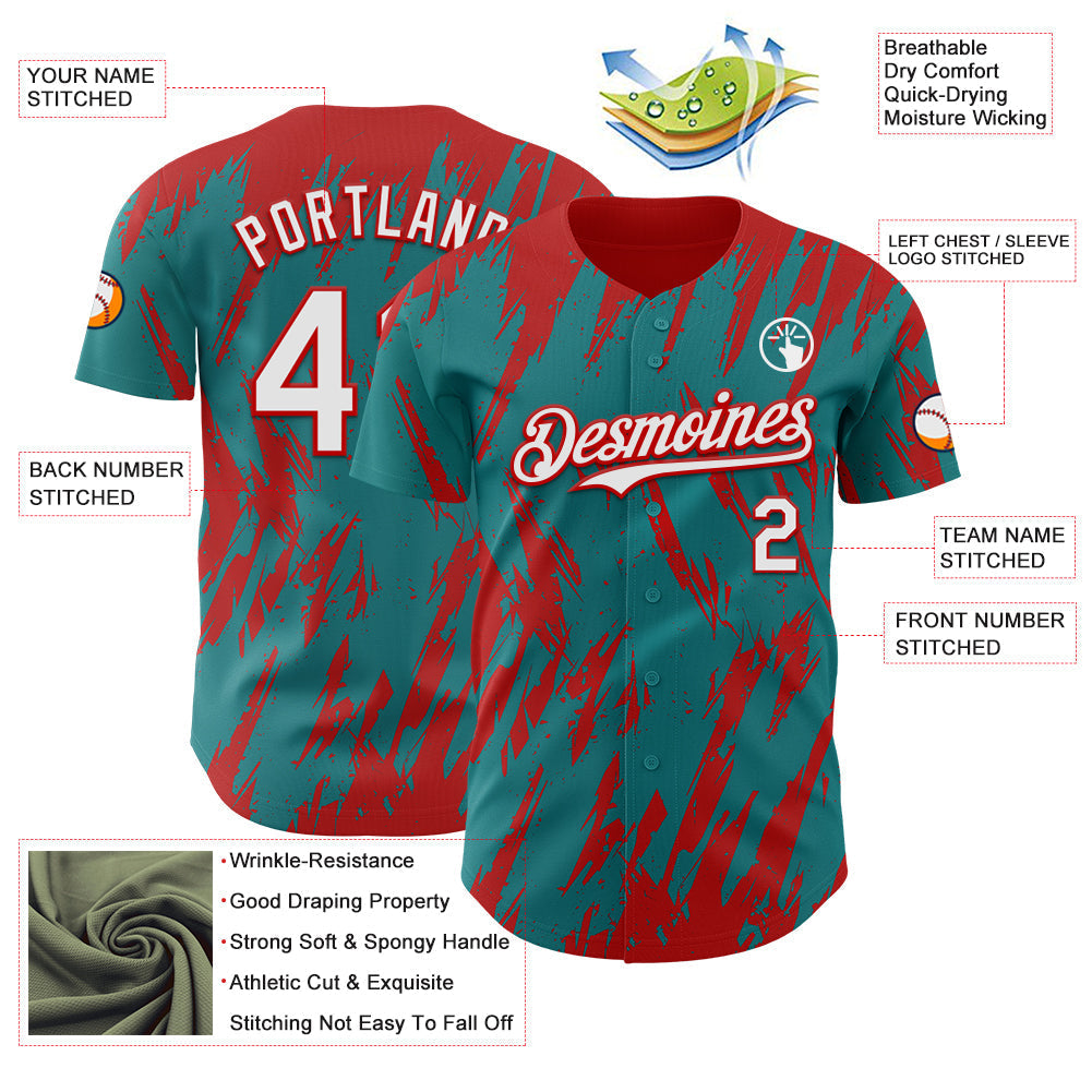 Custom Teal White-Red Splatter Torn Sharp Brush Stroke Authentic Baseball Jersey baseball jersey product view 3
