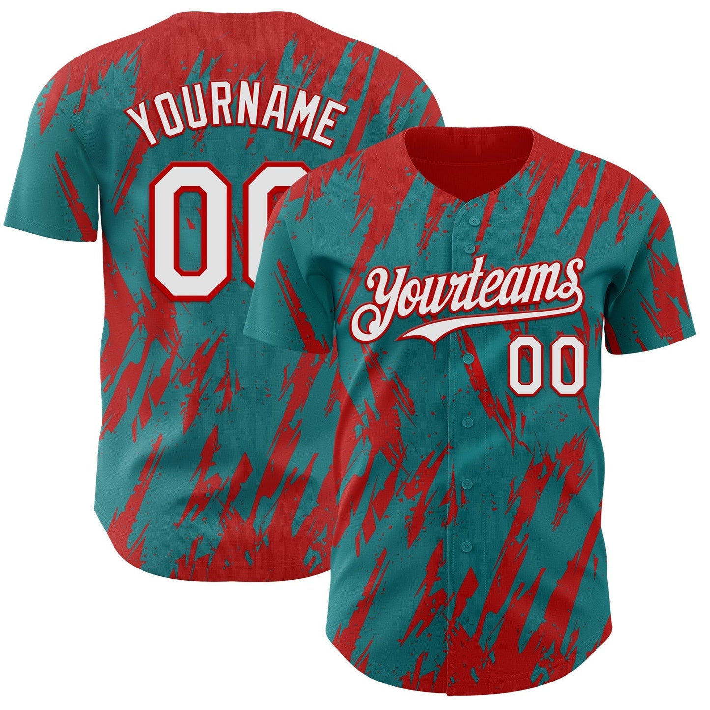 Custom Teal White-Red Splatter Torn Sharp Brush Stroke Authentic Baseball Jersey baseball jersey product view 1