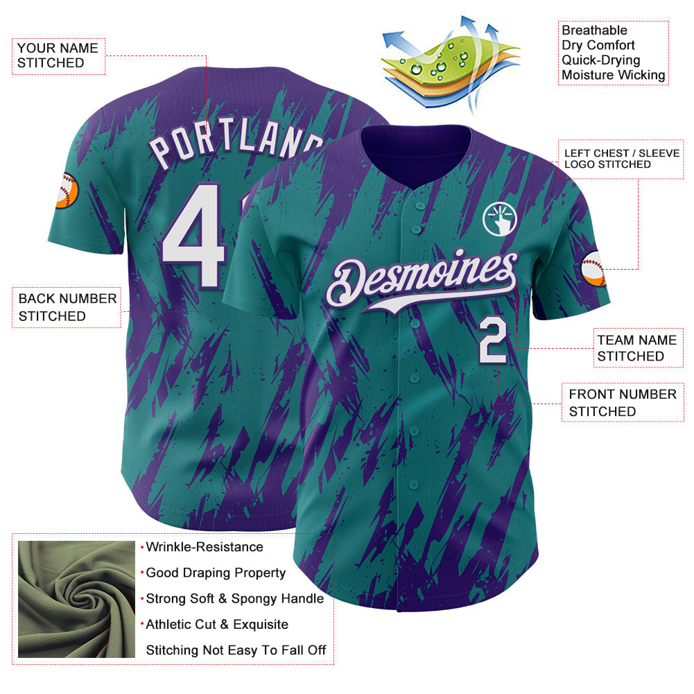 Custom Teal White-Purple Splatter Torn Sharp Brush Stroke Authentic Baseball Jersey baseball jersey product view 3