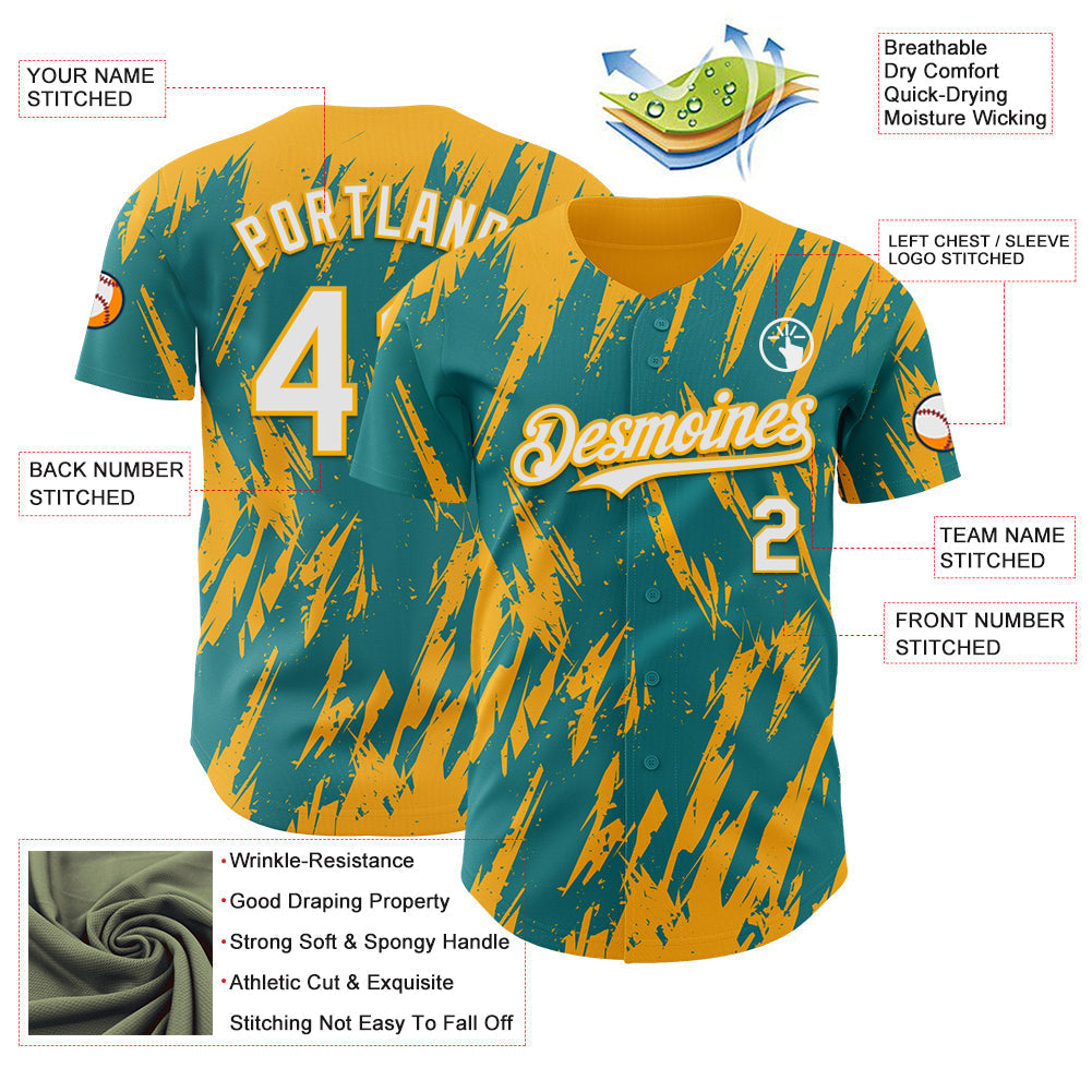 Custom Teal White-Gold Splatter Torn Sharp Brush Stroke Authentic Baseball Jersey baseball jersey product view 3