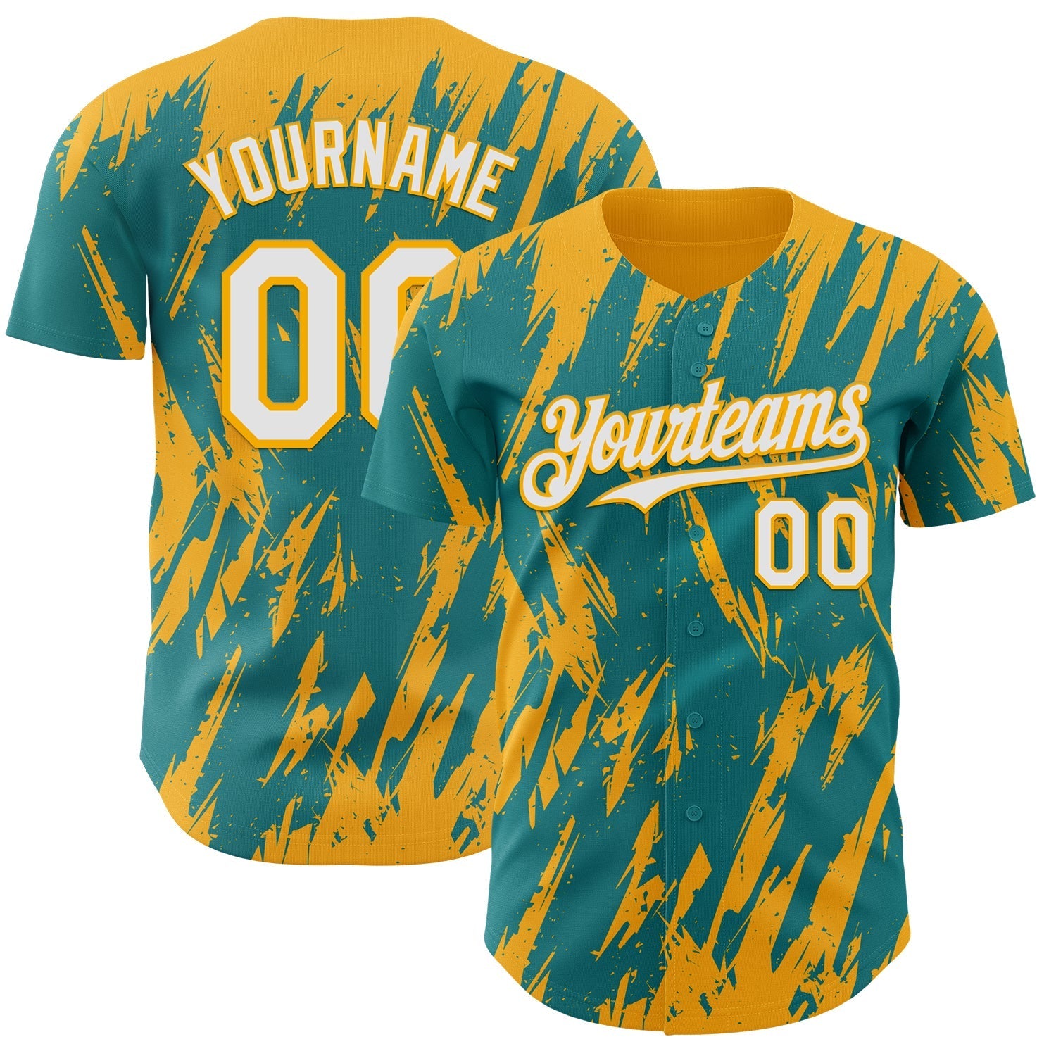 Custom Teal White-Gold Splatter Torn Sharp Brush Stroke Authentic Baseball Jersey baseball jersey product view 1
