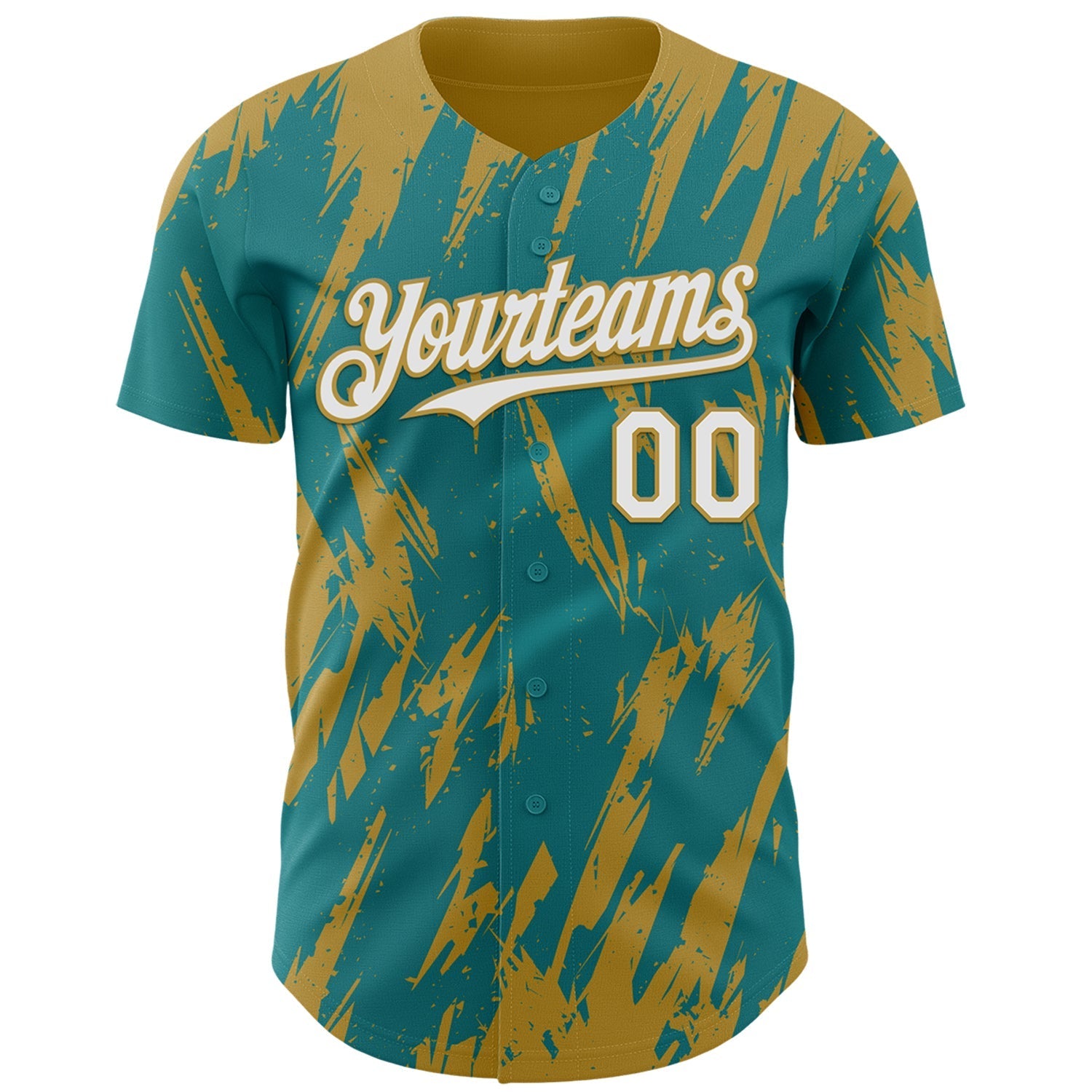 Custom Teal White-Old Gold Splatter Torn Sharp Brush Stroke Authentic Baseball Jersey baseball jersey product view 2