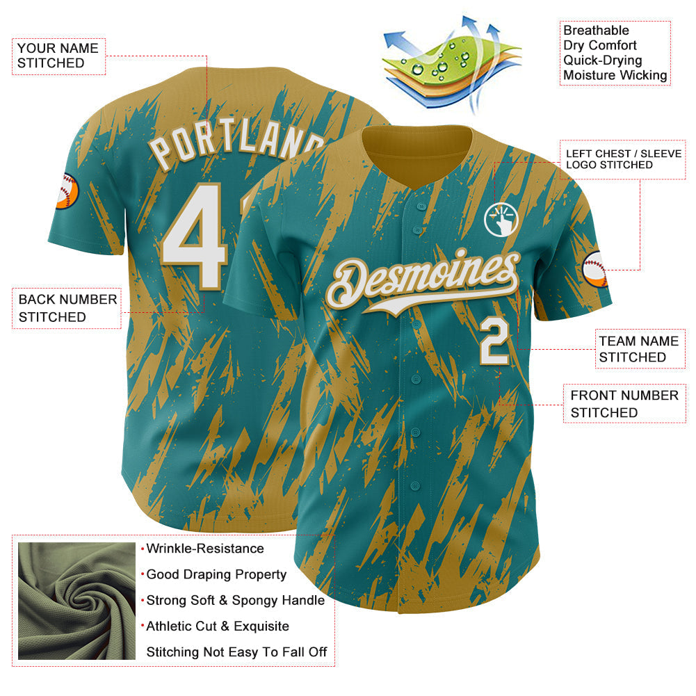 Custom Teal White-Old Gold Splatter Torn Sharp Brush Stroke Authentic Baseball Jersey baseball jersey product view 3